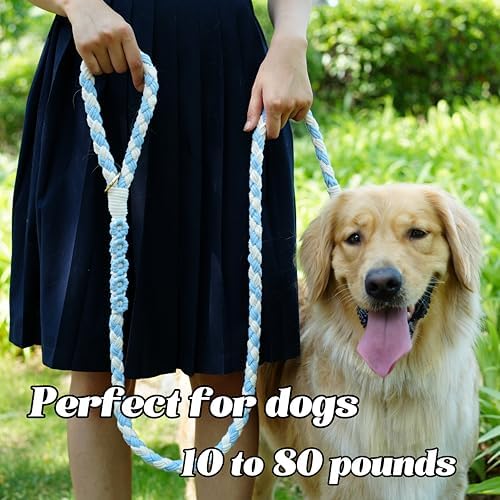 5FT Braided Cotton Rope Leash for Small, Medium and Large Dogs,Blue & White Color - Image 2