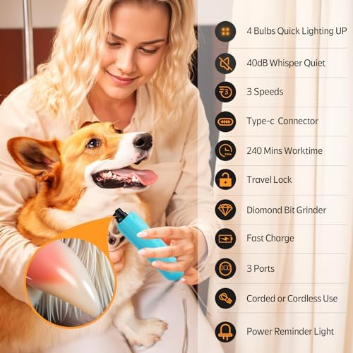 YABIFE 4-Lights Dog Nail Grinder, Easy Quick Locate Dog Nail Trimmers, for Puppy Paw Toenails or Pets from Small, Medium to Large, with Travel Lock, Whisper Quiet, Heavy Duty 3 Speeds - Image 7