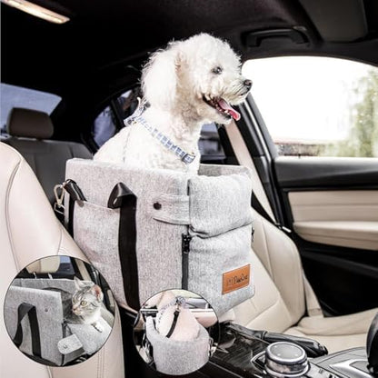 Center Console Dog Car Seat for Small Dogs and Puppies 5-13Lbs, Ideal Armrest Booster Car Travel Seat with Safety Protection Seat Belts, Storage Pockets - Reduces Anxiety (Woven - Grey) by Pawseat