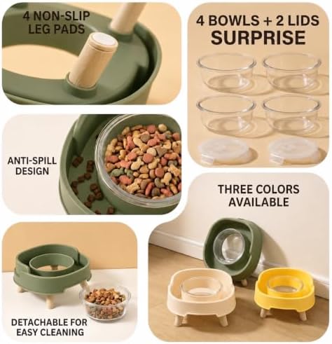 2 Pack Ant Not Cross Elevated Cat Bowls - 4 Food Grade Glass Bowls & 2 Lids - Cat Food and Water Feeding Bowl for Cats&Kittens&Puppy Indoor & Outdoor,Whisker Fatigue Dish,Avocado Green - Image 4