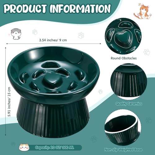 Tioncy 1 Pcs Ceramic Elevated Slow Feeder Cat Bowl, Dark Green - Image 2