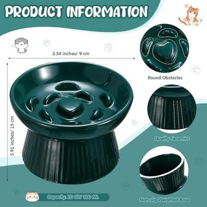 Tioncy 1 Pcs Ceramic Elevated Slow Feeder Cat Bowl, Dark Green - Image 2