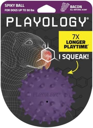 Playology Spiky Chew Ball Dog Toy with Squeaker - Medium, Bacon by Playology
