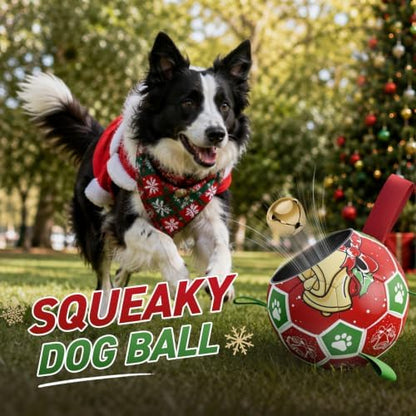 QDAN Christmas Dog Balls with Straps, Squeaky Dog Toys for Indoor Outdoor Playing, Puppy Birthday Gifts, Pet Toy Ball, Durable Herding Balls for Dogs (8 Inch) - Image 4