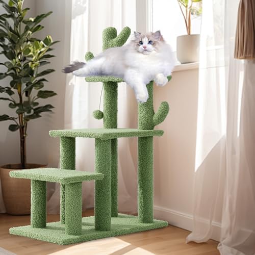 HOMBYS Cautus Cat Stairs for Old Cats & Dogs, Pet Steps for High Beds, Couch & Window,Vertical Cautus Green Cat Tree with Dangling Balls for Indoor Pets Climbing Playing, Holds Up to 150 Lbs, by HOMBYS