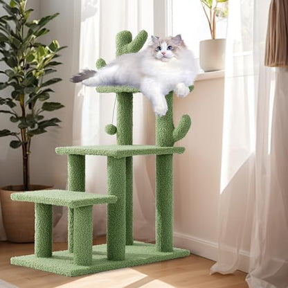 HOMBYS Cautus Cat Stairs for Old Cats & Dogs, Pet Steps for High Beds, Couch & Window,Vertical Cautus Green Cat Tree with Dangling Balls for Indoor Pets Climbing Playing, Holds Up to 150 Lbs, by HOMBYS