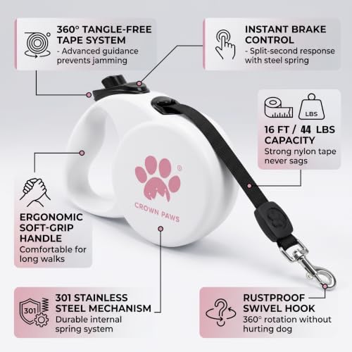 Retractable Dog Leash, 16ft Heavy Duty Nylon Tape for Medium Dogs up to 44 lbs, One-Hand Brake & Lock, Tangle-Free, Ergonomic 3" Large Handle, Lightweight White M GC-DAN - Image 2