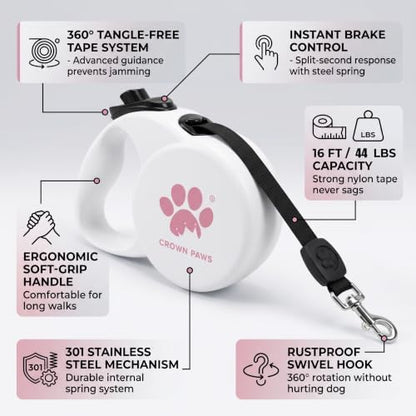 Retractable Dog Leash, 16ft Heavy Duty Nylon Tape for Medium Dogs up to 44 lbs, One-Hand Brake & Lock, Tangle-Free, Ergonomic 3" Large Handle, Lightweight White M GC-DAN - Image 2