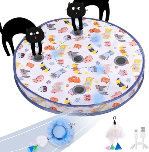 ORSDA Interactive Cat Toys Ball, Automatic Fast Rolling Ball in Pouch, Hide and Seek for Indoor Cats, Motion Chirping Activated Moving Toy, 5 Holes Mat Mouse Catching Game by ORSDA