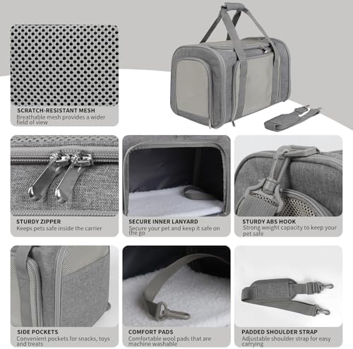 Cat Carrier, Soft-Sided Airline Approved Pet Carrier Case with 4 Ventilated Windows for Cats and Dogs Under 10-25Lbs (17.0 L x 11.0 W x 11.0 H Inch, Grey) - Image 3
