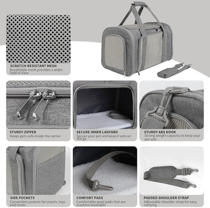Cat Carrier, Soft-Sided Airline Approved Pet Carrier Case with 4 Ventilated Windows for Cats and Dogs Under 10-25Lbs (17.0 L x 11.0 W x 11.0 H Inch, Grey) - Image 3