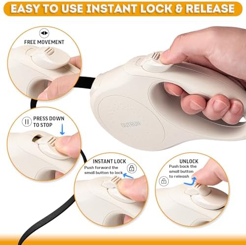 OUTRUN Retractable Dog Leash 16.5 FT Walking Leash up to 55 Lbs, Strong Nylon Tape No Tangle, Heavy Duty One-Handed Brake Lock Perfect for Small & Medium Sized Dogs and Pets (Cream White) - Image 4