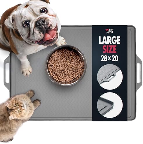 Tuff Pupper 28x20 Large Dog Feeding Mat for Food and Water | Dog Food Mats for Floors | Waterproof Dogs Water Bowl Mats | Dogs Placemats Pet Food-Mat | Silicone Feeding Mat for Cats and Cat Bowls by TuffPupper