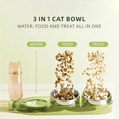 Marchul 3 in 1 Stainless Steel Cat Food and Water Bowl Set, Elevated Cat Bowls Water Dispenser, Tilted Raised 3 Pet Bowls for Indoor Cats, Small or Medium Sized Dogs（Green） - Image 2