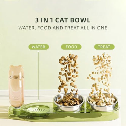Marchul 3 in 1 Stainless Steel Cat Food and Water Bowl Set, Elevated Cat Bowls Water Dispenser, Tilted Raised 3 Pet Bowls for Indoor Cats, Small or Medium Sized Dogs（Green） - Image 2