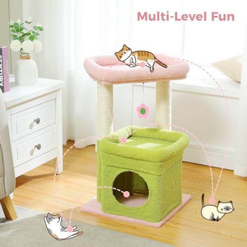 PEQULTI Small Cat Tree Tower for Indoor Cats, Sisal Post & Cozy Condo, Pink - Image 4