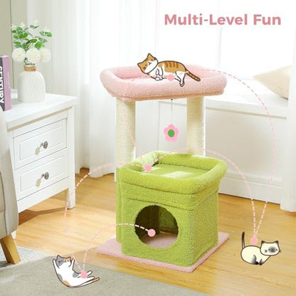 PEQULTI Small Cat Tree Tower for Indoor Cats, Sisal Post & Cozy Condo, Pink - Image 4