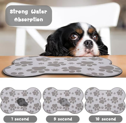 Dog Food Mats for Floors Waterproof, Pet Feeding Absorbent Water Bowl Mat Cat Placemats Gray Bone Shape 19 * 12 inch