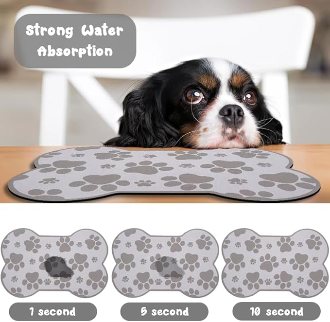 Dog Food Mats for Floors Waterproof, Pet Feeding Absorbent Water Bowl Mat Cat Placemats Gray Bone Shape 23.6 * 15.7 inch