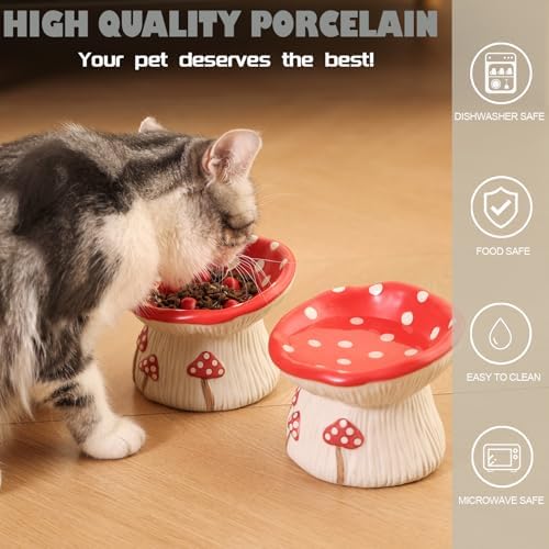 Ceramic Cat Bowl, Cute Red Mushroom Elevated Cat Food Dish, Shallow Raised Feeder, Anti Vomiting, Stress Free, Whisker Fatigue - Image 4