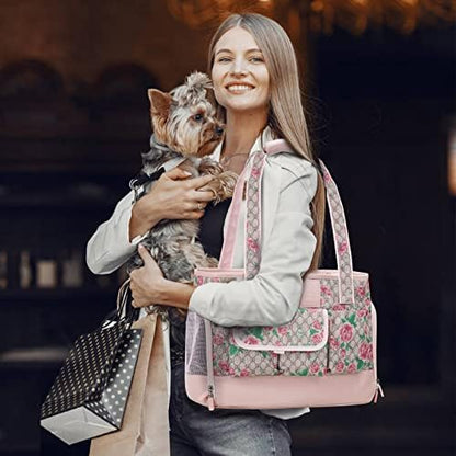 Dog Carrier, Cat Carrier, Pet Carrier, Foldable Waterproof Premium PU Leather Oxford Cloth Dog Purse, Portable Tote Bag Carrier for Small to Medium Cats and Small Dogs (Flower Pattern) - Image 6
