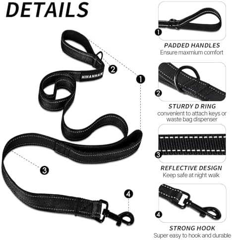 Reflective Dog Leash with Double Handle, Dog Leash 6 FT Long, Supports Medium, and Large Dogs, Heavy Duty for Walking, Running, and Training, Black - Image 2