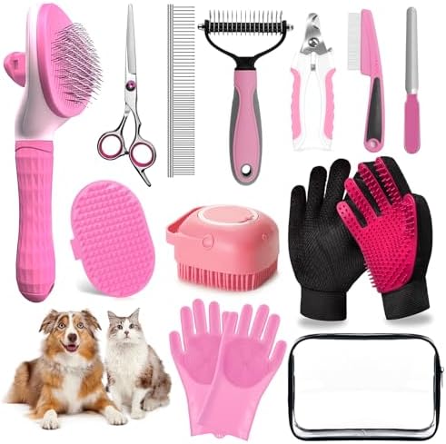 Dog Brush for Shedding 13pcs Bath Grooming Kit with Pet Nail Clipper and File - Dog Bath Brush Cat Grooming Supplies, Dematting Comb Bath Brush Shampoo Scrubber for Dogs and Cats by 2TRUL