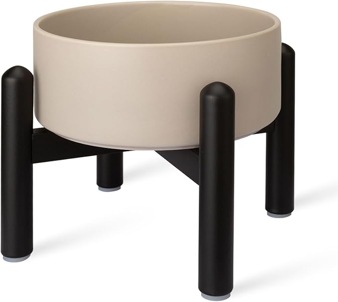 Raised Ceramic Dog Bowl - Elevated Food Water Dish with Stainless Steel Stand - for Small to Medium Dogs - 6 Inch - 2 Cups (28.75 fl oz) - Grey