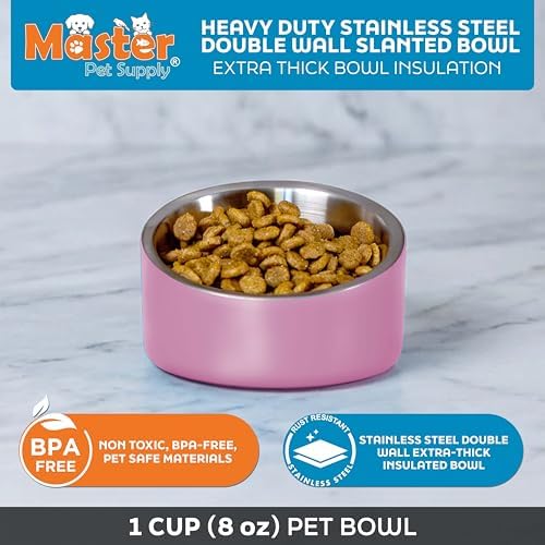 Master Pet Supply Stainless Steel Slanted Dog Cat Food Bowl 8 oz Hyper Pink - Image 3