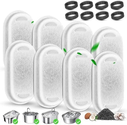 Cat Water Fountain Filter Replacement, 8 Pcs Pet Water Fountain Filters with 8 Pcs Sponges Foam for 67oz/2L & 108oz/3.2L Stainless Steel Automatic Cat Water Fountain Dispenser Filters by Beyolike