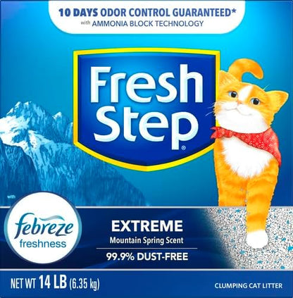 Fresh Step Extreme Clumping Litter with Febreze Freshness,Mountain Spring Scent Clumping Cat Litter with Guaranteed Odor Control,14 lb. Box,(Pack of 2)