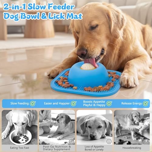 Slow Feeder Dog Bowls & Lick Mat for Liquid and Thick Treat, Anti-Slip Dog Lick Bowl with Interactive Rolling Ball, 5/6 Cup Pup Licking Toy for Large Medium Small Dogs and Cats-Large Blue - Image 2