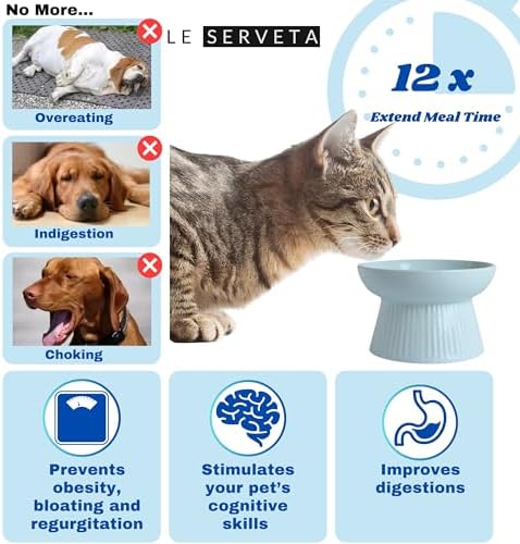 2 Pack Ceramic Slow Feeder Cat Bowl, Raised Puzzle Feeder, Anti-Vomiting, Elevated Food Bowl, Whisker Friendly (White, Blue) - Image 3