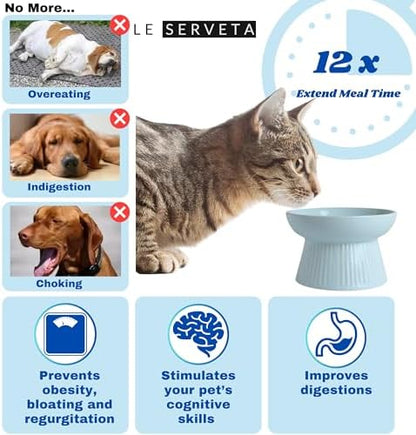 2 Pack Ceramic Slow Feeder Cat Bowl, Raised Puzzle Feeder, Anti-Vomiting, Elevated Food Bowl, Whisker Friendly (White, Blue) - Image 3