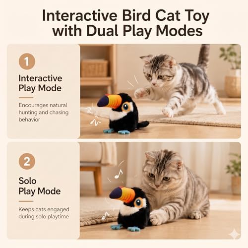 Flapping Bird Cat Toy, Toucan Plush Touch Activated Bird Chirp Cat Toy with Refillable Catnip, USB Rechargeable Interactive Kitten Exercise Toy,4.92"(No Flying) - Image 6