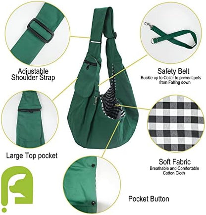 Pet Sling Carrier Adjustable Shoulder Strap Puppy Tote Hands Free Reversible Pet Backpack for Outdoor Travel Green - Image 4