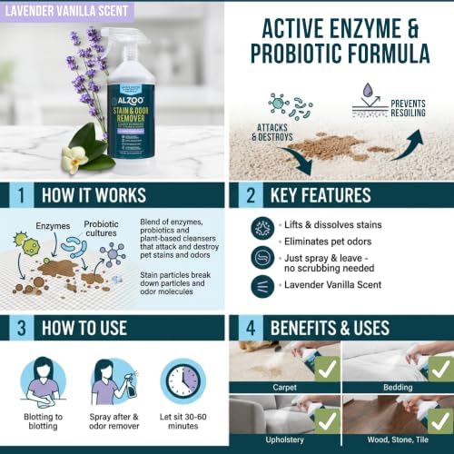 ALZOO Pet Stain & Odor Remover Spray for Dog & Cat Urine, Carpet, Furniture & Floors | Active Enzyme & Probiotic Formula | Lavender Vanilla Scent | Made in USA | 32 oz - Image 5