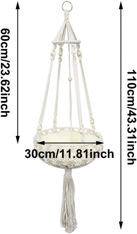 Cat Hammock Bed, 12x43Inch Handwoven Hanging Boho Cat Bed with Hanging Kit for Indoor Outdoor Home Decor Ceiling Swing for Playing Sleeping Climbing and Lounging, Wall Furniture (Round+Pad)