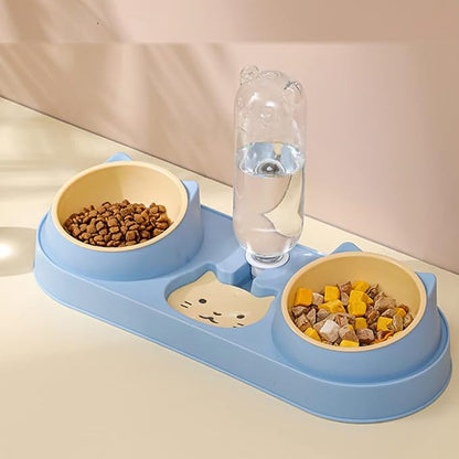 Mltao Pet Feeder, Sky Blue Automatic 3 in 1 Cat Feeder Bowl with Water Dispenser, Plastic Raised Cat Dishes, Wet and Dry Food Bowl Set for Small Dogs, Cats, Rabbits