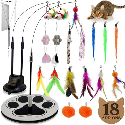 Interactive Cat Toys for Indoor Cats, Cat Toy Wand, 18 Feather Attachments by GADGETSOLOGY