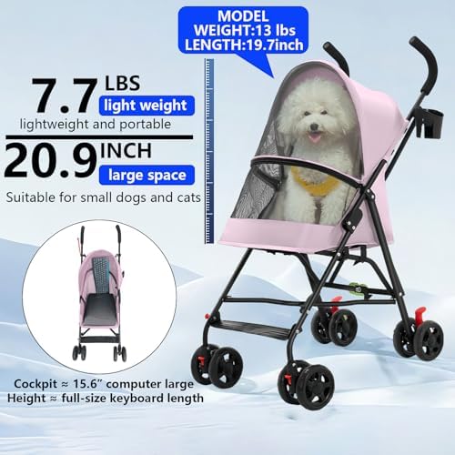 Cat Stroller Foldable Lightweight for Small Dogs Cats 0-15 lbs Pink - Image 5