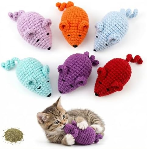Catnip Toys Crochet Mouse, 6 Pcs Yarn Cat Nip Mice Safe Teeth Cleaning Chew Toy for Indoor Kittens Kitty, Adult Cats Interactive Catnip Cat Kicker Toys Anxiety Relief by FILWYROSES