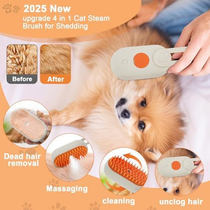 4-in-1 Cat Steam Brush Cat and Dog Anti-Static steam Brush with Spray for Massaging,Cleaning,Shedding,Grooming,2025 New Rechargeable Pet Grooming Brushes(Cream Khaki) (Brush White) - Image 2