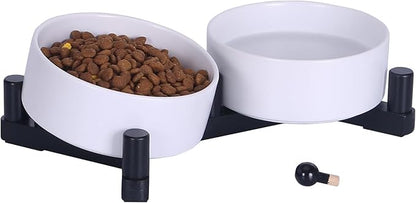 Ceramic Dog Bowl and Cat Bowls Set with 15° Adjustable Wood Stand, Non-Slip Weighted Pet Food and Water Bowls, Dual Raised Feeder for Small Dogs, Matte Glaze Pet Dish 13.5oz Set of 2 (Ceramic White)