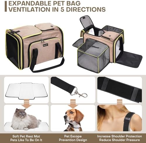 Pet Carrier, Large Soft Sided Expandable Travel Carrier with Steel Frame, Anti-Scratch Mesh, Removable Fleece Pad and Pockets for Cats, Dogs and Small Animals up to 15 lbs (Brown, 4 Sides Expandable) - Image 7