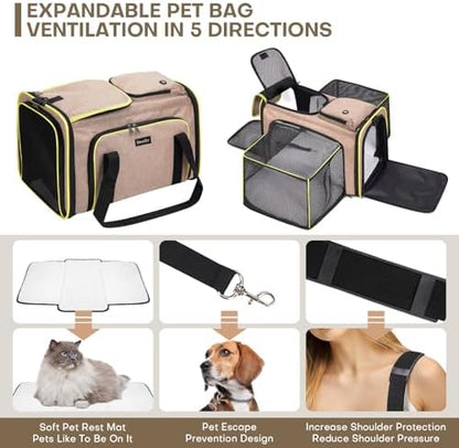 Pet Carrier, Large Soft Sided Expandable Travel Carrier with Steel Frame, Anti-Scratch Mesh, Removable Fleece Pad and Pockets for Cats, Dogs and Small Animals up to 15 lbs (Brown, 4 Sides Expandable) - Image 7