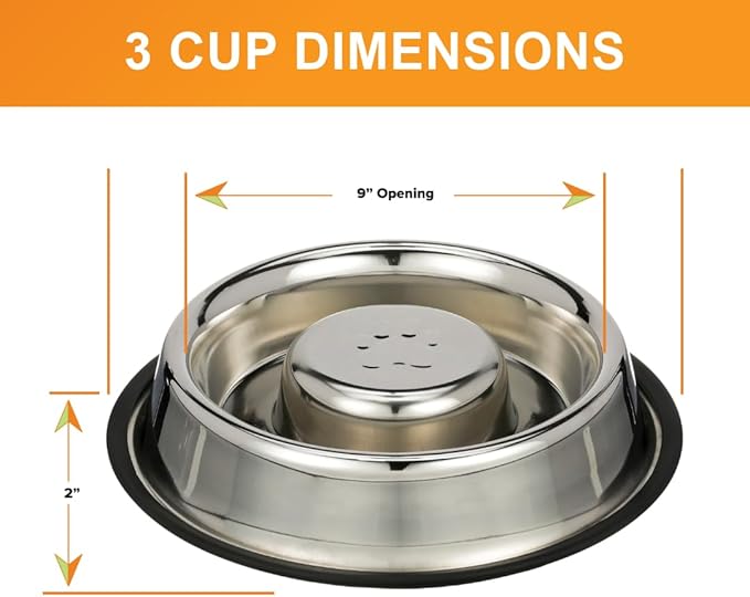 Neater Pet Brands Stainless Steel Slow Feed Bowl - Non-Tip & Non-Skid - Stops Dog Food Gulping, Bloat, Indigestion, and Rapid Eating (3 Cup)