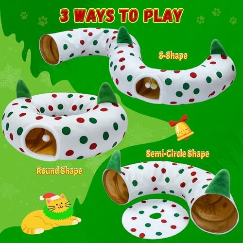 Cat Tunnel Christmas Tree Skirt, 3ft x 3ft x 9.8in Cat Tunnels for Indoor Cats, Red and Green Dot Cat Donut Tunnel with Hanging Ball and Cat Ears, Kitten Toys for Indoor Kittens Puppy Rabbit - Image 2