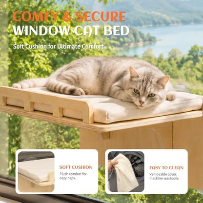 PETKARAY Cat Window Perch with Rail, Wood Hammock Window Bed for Cats - Image 5