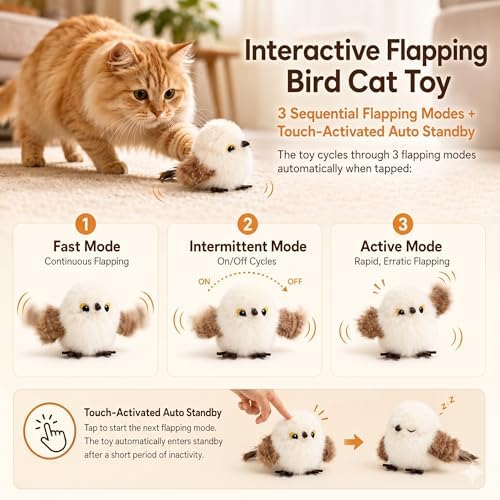 Flapping Bird Cat Toy, White Sparrow Plush Touch Activated Bird Chirp Cat Toy with Refillable Catnip, USB Rechargeable Interactive Kitten Exercise Toy,4.92"(No Flying) - Image 2